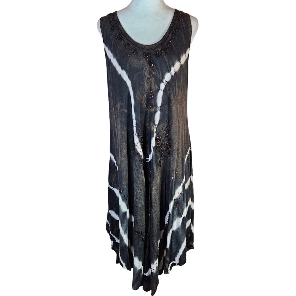 Tie Dye Boho Midi Dress Women's Large Bleach Beaded Fairy Grunge Whimsigoth